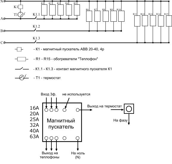 Почну пояснення з підключення системи «теплофон» до трифазної мережі за наступною схемою