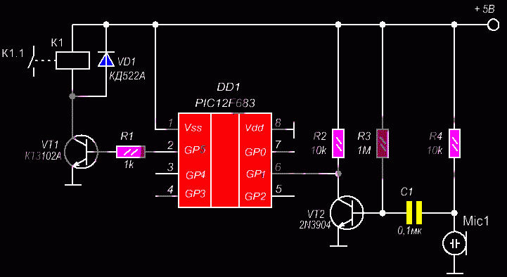 Оскільки мікрофон через конденсатор з'єднаний з базою транзистора 2N3904, напруга на емітерний перехід також знижується і, тому на виведення шість виявиться позитивний потенціал в 4 вольта