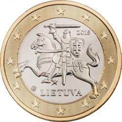 У центрі зображений герб Литовської Республіки - кінний воїн Вітіс