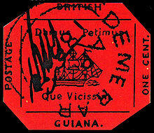 Британська Гвіана - назва рідкісної поштової марки світу - Британської Гвіани 1856 в 1 цент, чорної, на червоній з лицьового боку папері;  існує в єдиному екземплярі