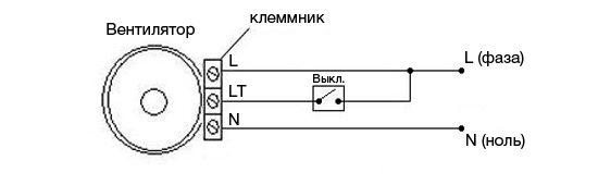 Схема підключення вентилятора з таймером приведена нижче: