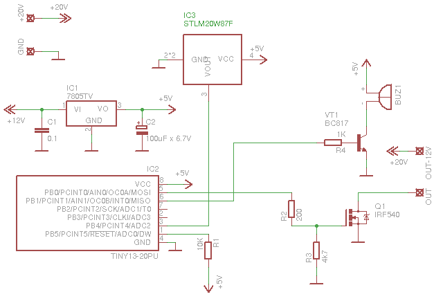 Друга схема відрізняється тільки використанням більш потужного польового транзистора і стабілізатора напруги, а так же, мікроконтролера в DIP корпусі: