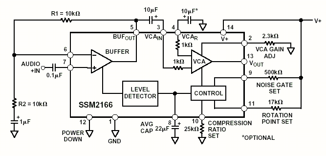 Компресори сигналу   Частина 2   (SSM2166)   Тепер перейдемо до схеми на спеціалізованій мікросхемі SSM2166