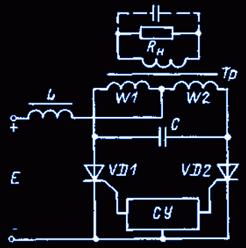 Для живлення однофазної малопотужної навантаження з напругою, помітно відрізняється від рівня джерела живлення, зручно використовувати схему, в якій одна пара напівпровідникових вентилів замінена полуобмоткі трансформатора, а сам він дозволяє узгодити U n і U н